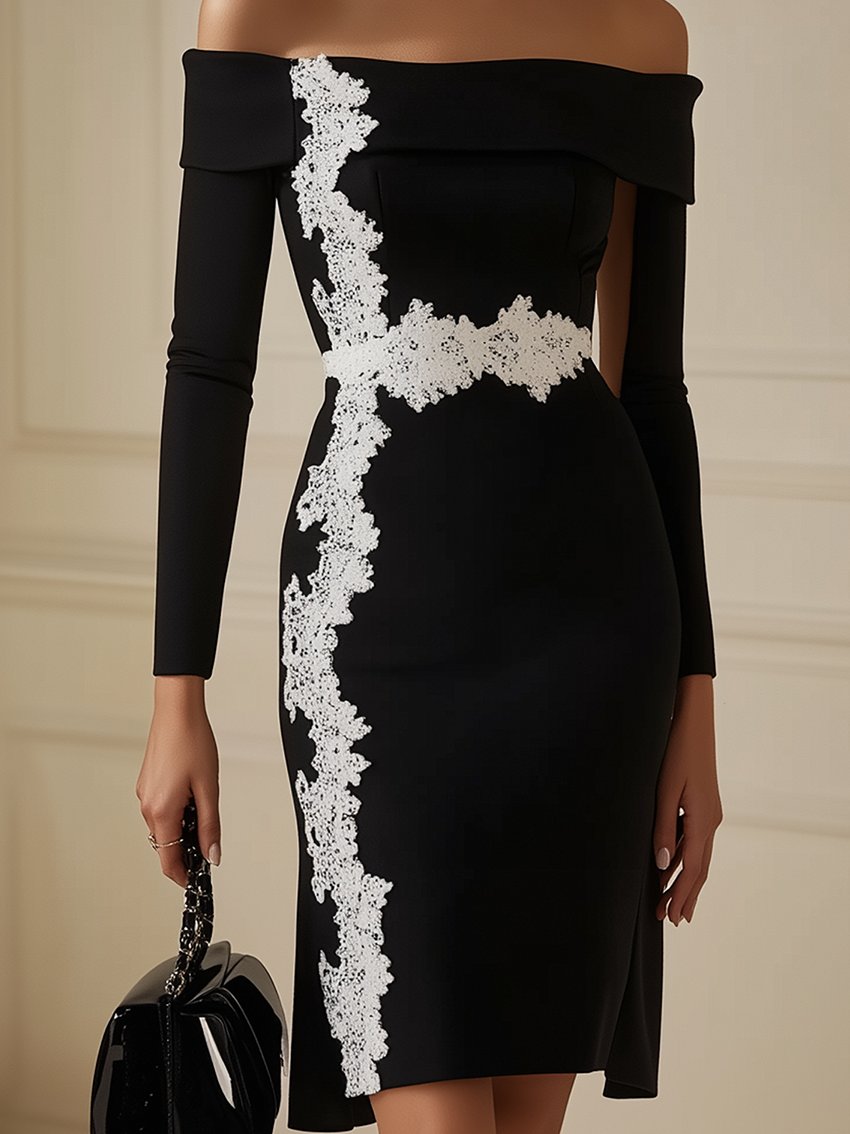 Black Midi Bodycon Dress With White Line Lace