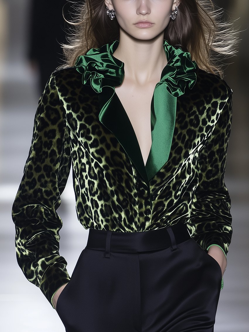 Green Leopard Velvet Ruffled Nape Blouse