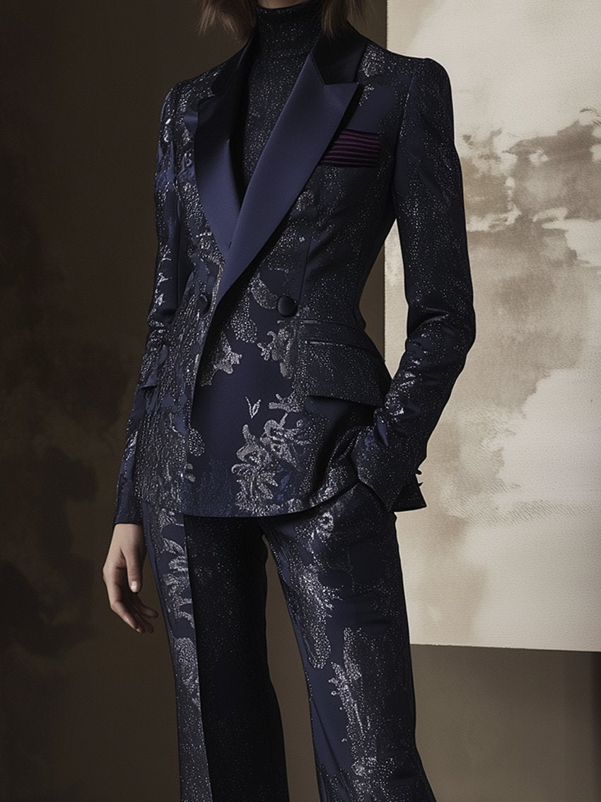 Navy Blazer With Silver Dark Print