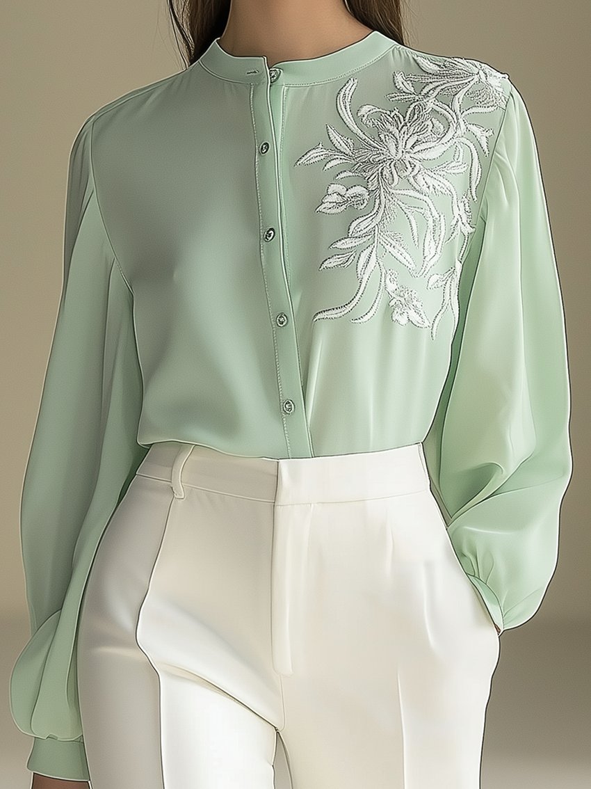 Mint Green Chiffon Blouse With White Plant Embroidery With Round Neck