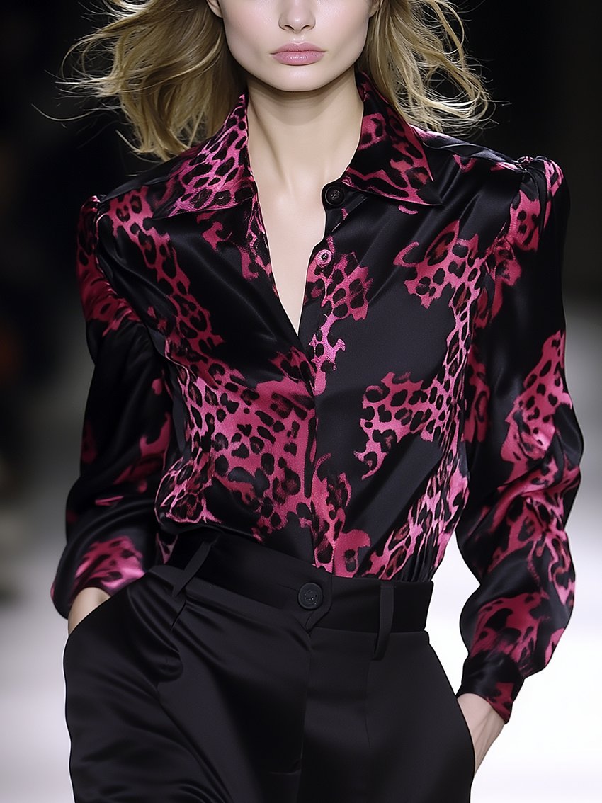 Red And Black Contrast Leopard-Print Satin Blouse