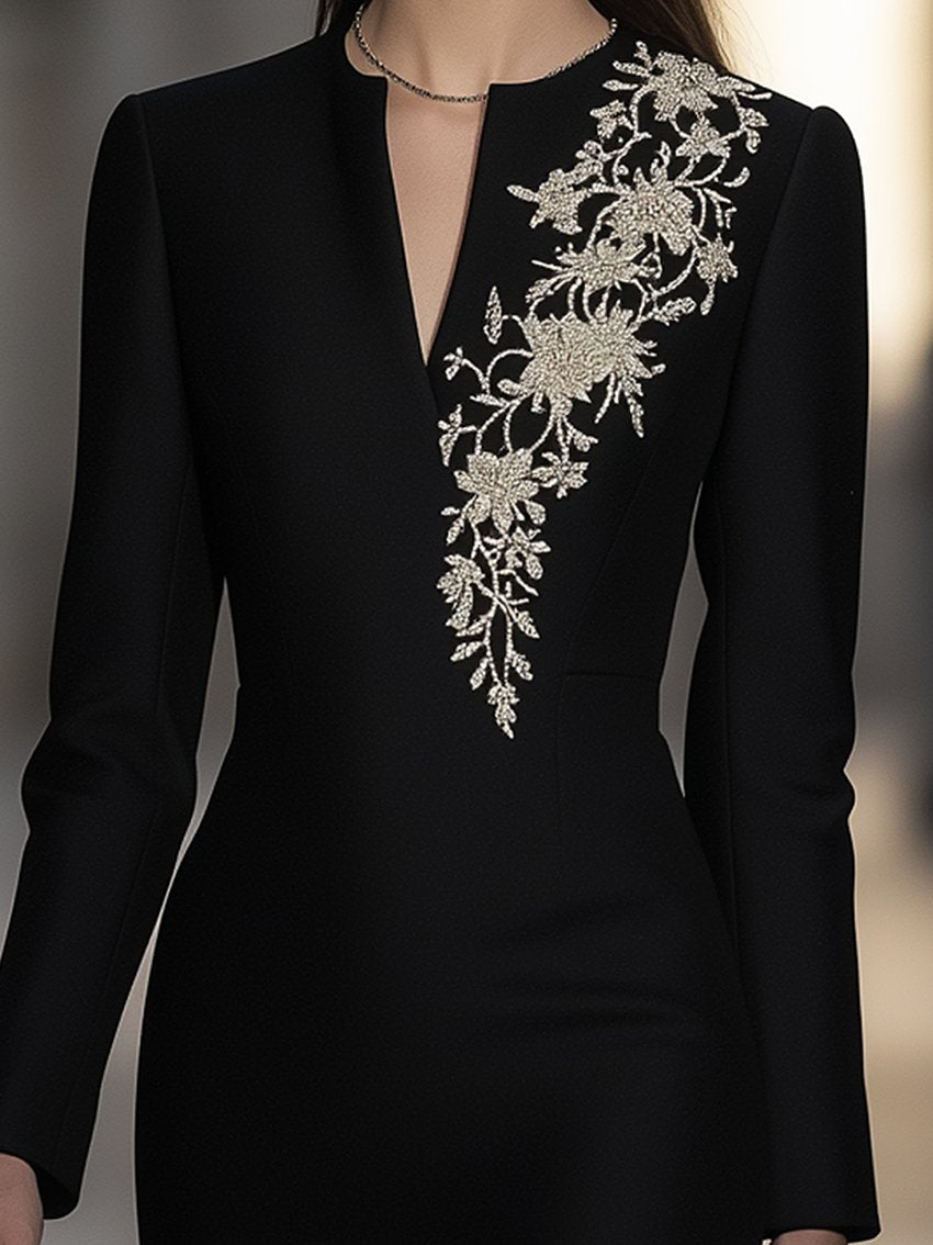 Black Midi Dress With Gold Flower Embroidery With V-neck