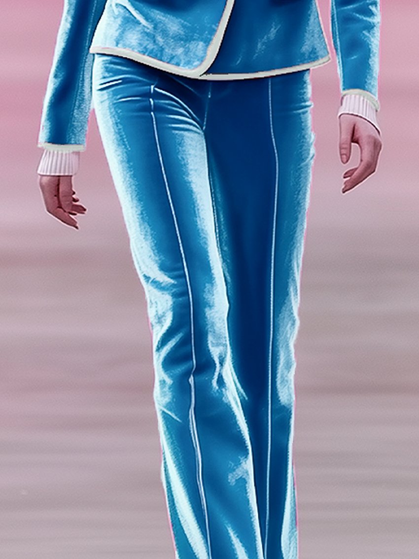 Sky Blue Velvet Pants With White Trim