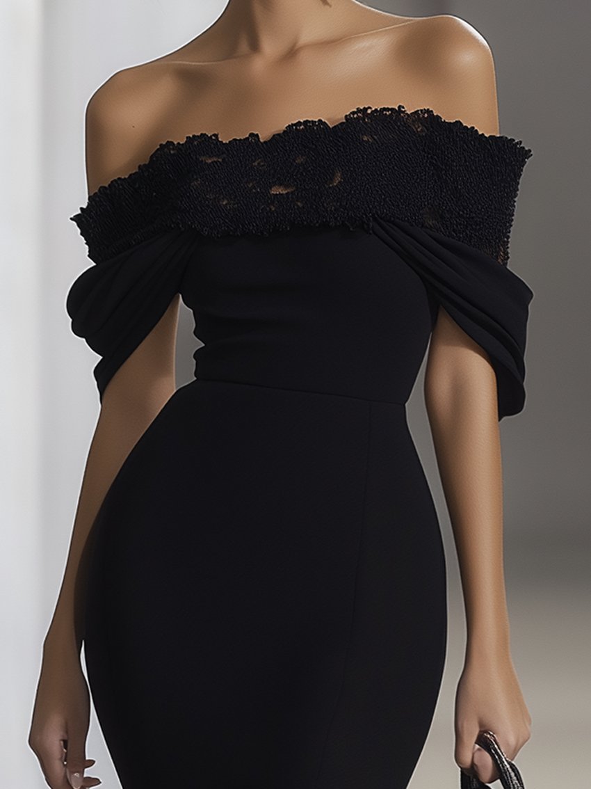 Black Chiffon Maxi Dress With Off-shoulder Neckline And Lace