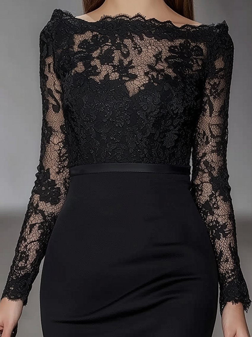 Black Bodycon Dress With Upper Half Lace Stitching