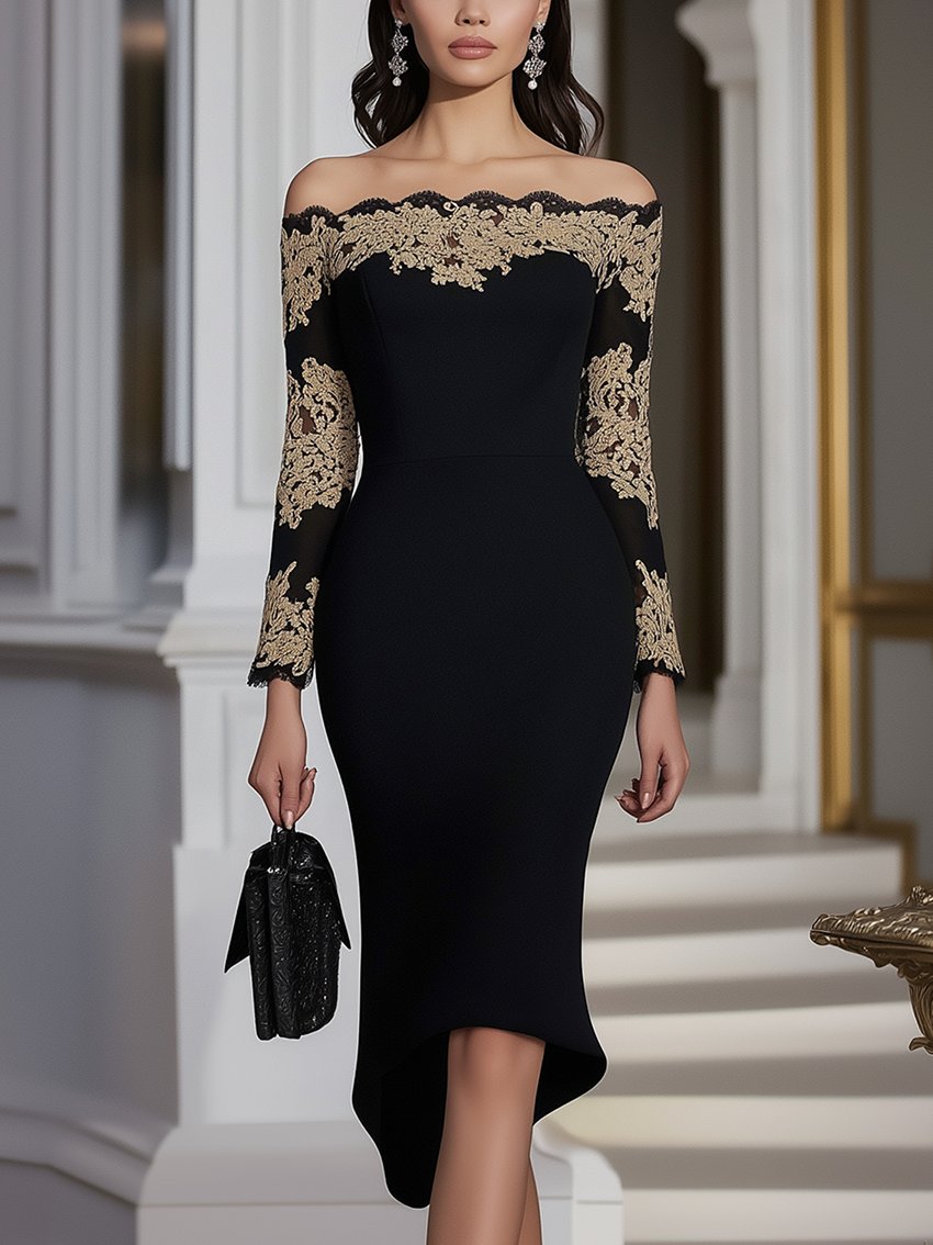 Off-The-Shoulder Black Midi Bodycon Dress With Gold Lace Trim