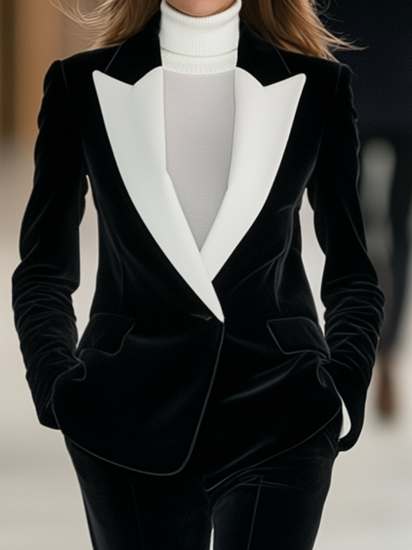 Black Velvet Blazer With White Lapel