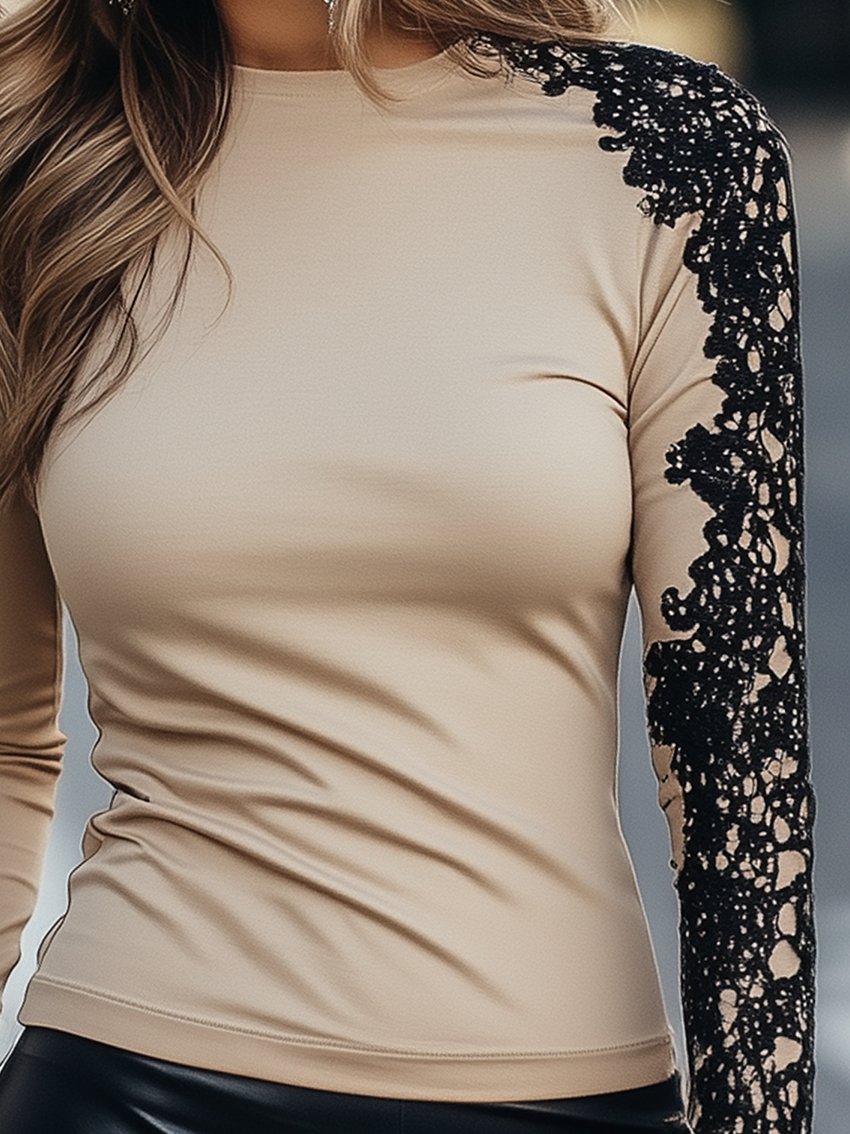 Beige Skinny Stretch T-shirt With Black Lace Sleeve