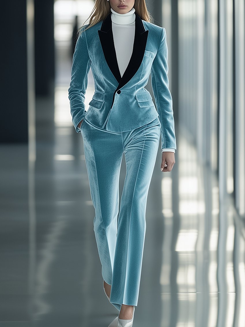 Cyan Velvet Suit With Black Collar