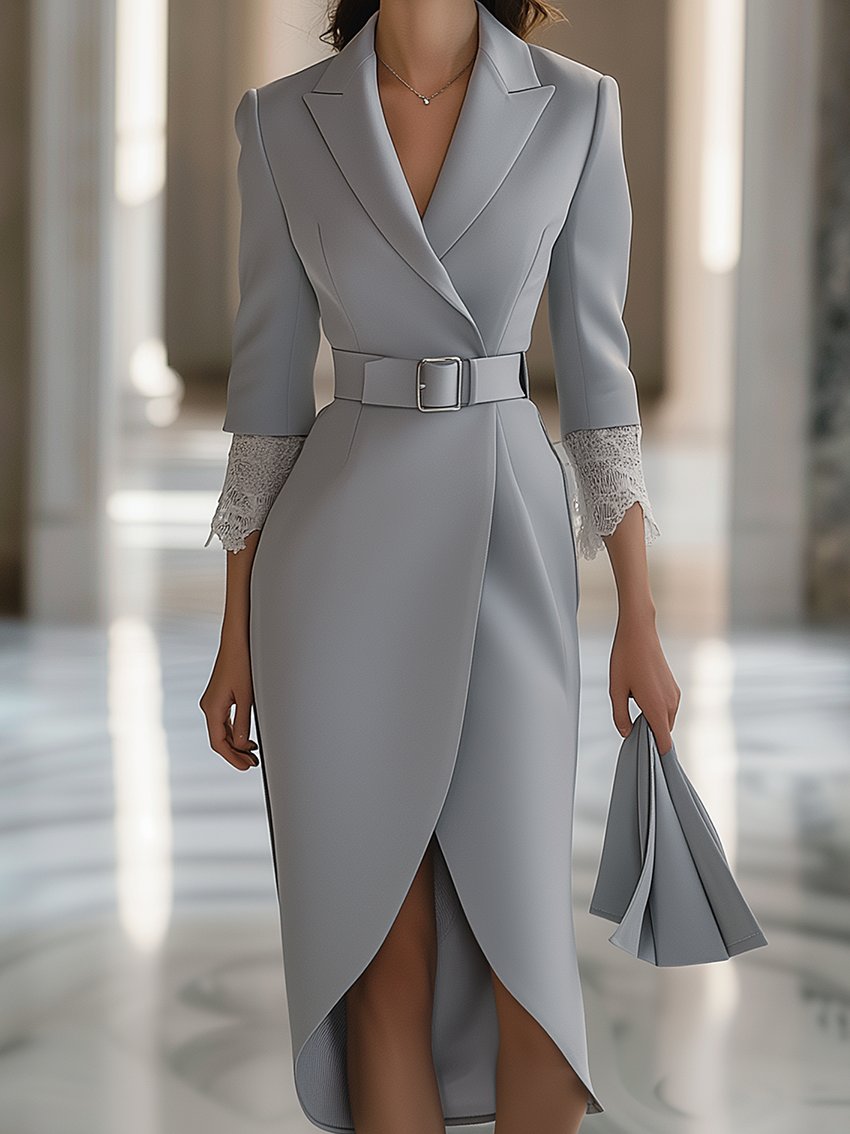 Gray Midi Suit Dress With Lace Cuffs