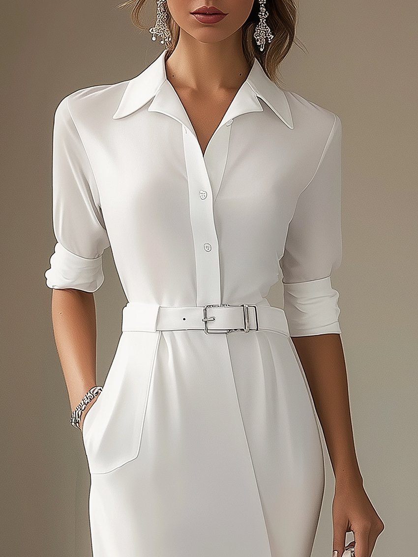 White Midi Shirt Dress With Bottom Split And Belt