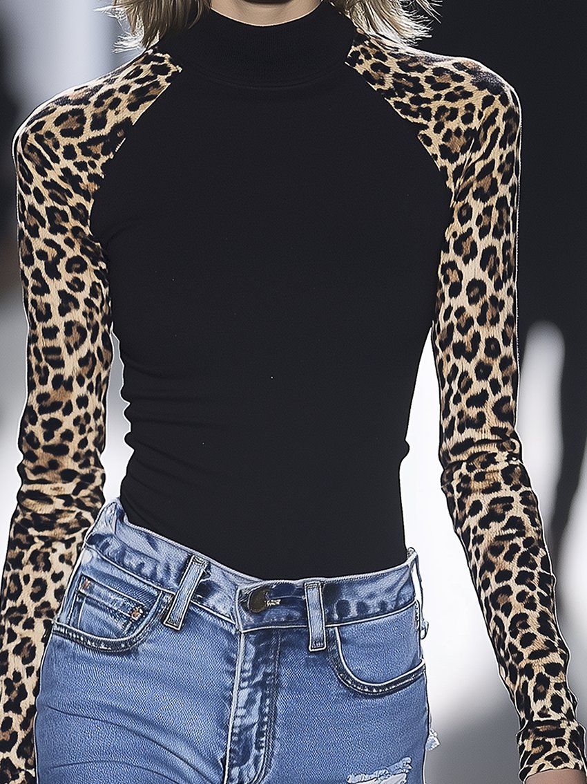 Black Stretch-tight T-shirt With Leopard-print Sleeves