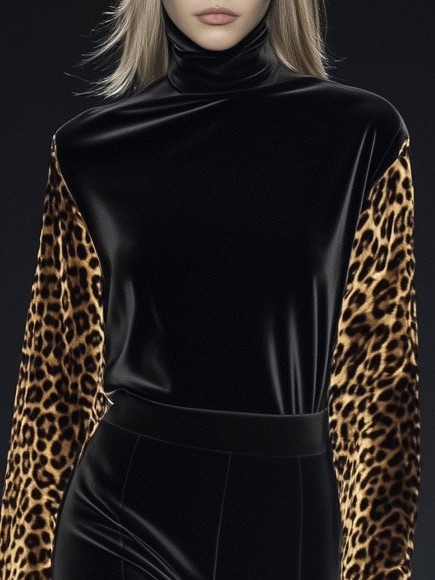 Black Velvet Shirt With Leopard Sleeves