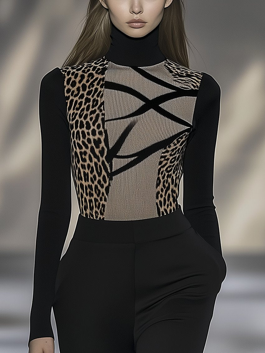 Black Stretch-tight T-shirt With Leopard And Line Print