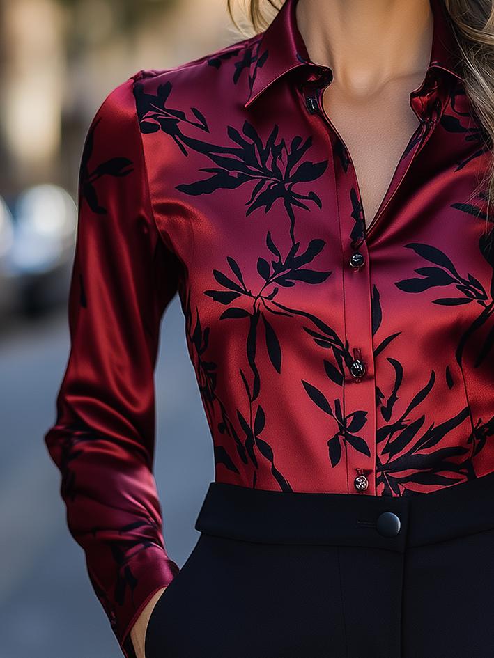 Red Black Floral Print Satin Blouse