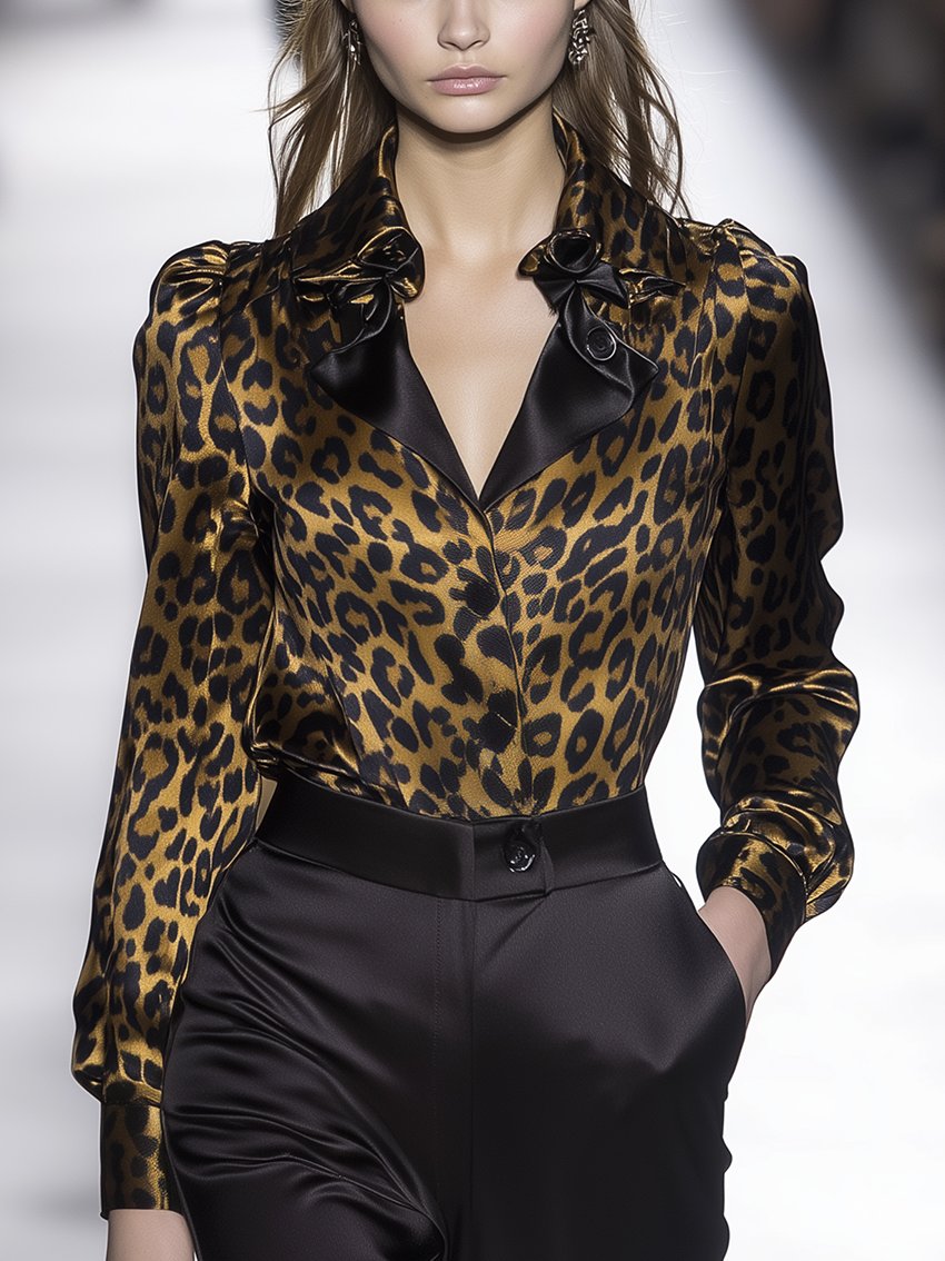 Leopard Print Satin Blouse With Black Ruffled Noodles