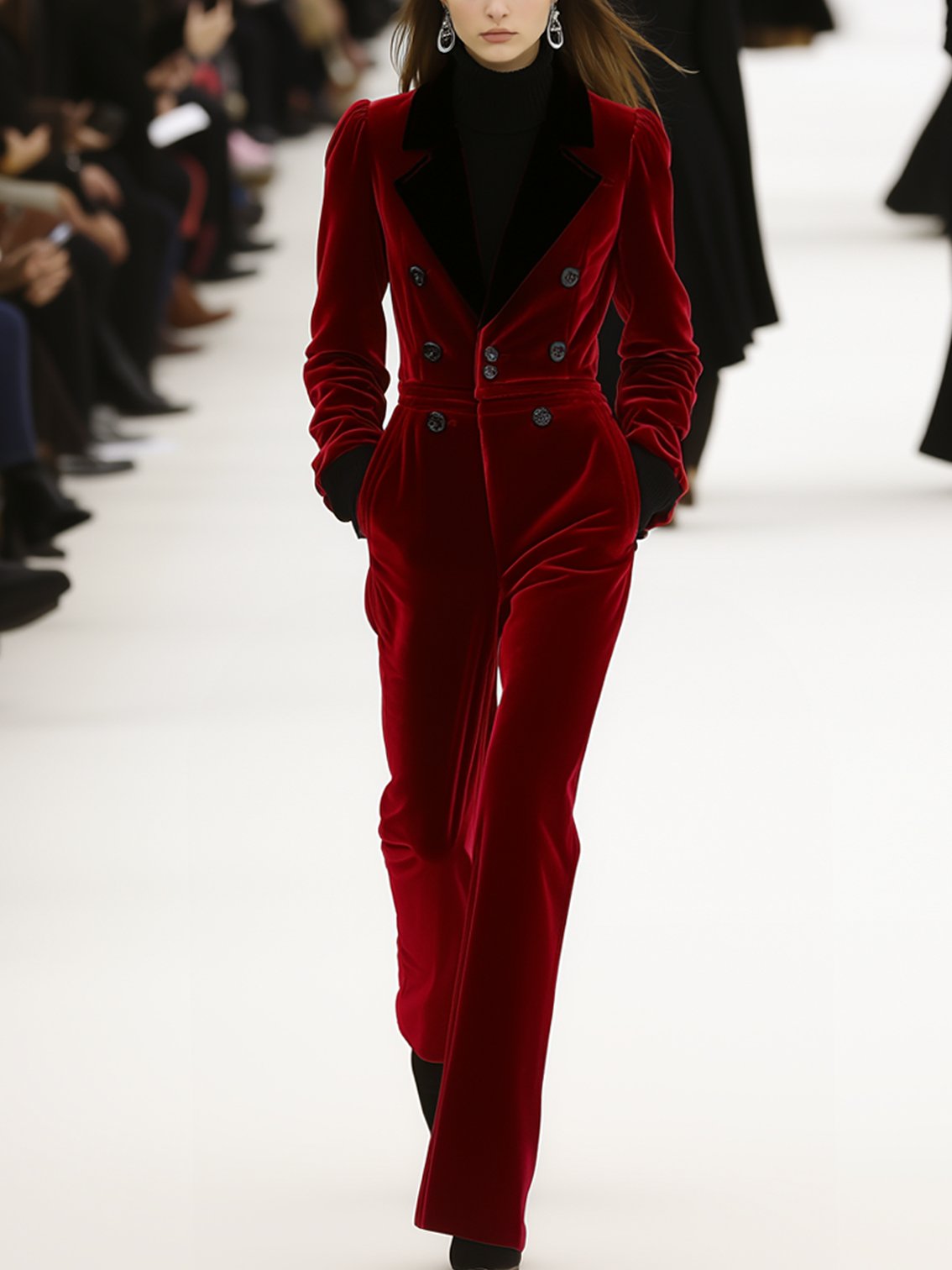 Red Velvet Jumpsuit With Black Collar And Buttons