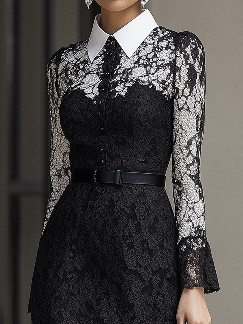 Black Midi Shirt Dress With Lace Decoration And Belt