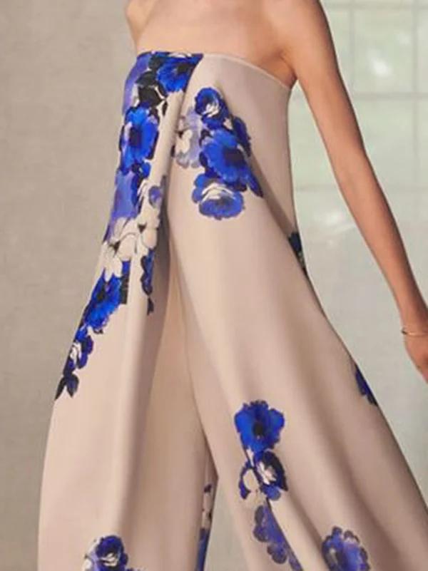 Flower Print Pleated Wide Side Tube Jumpsuits