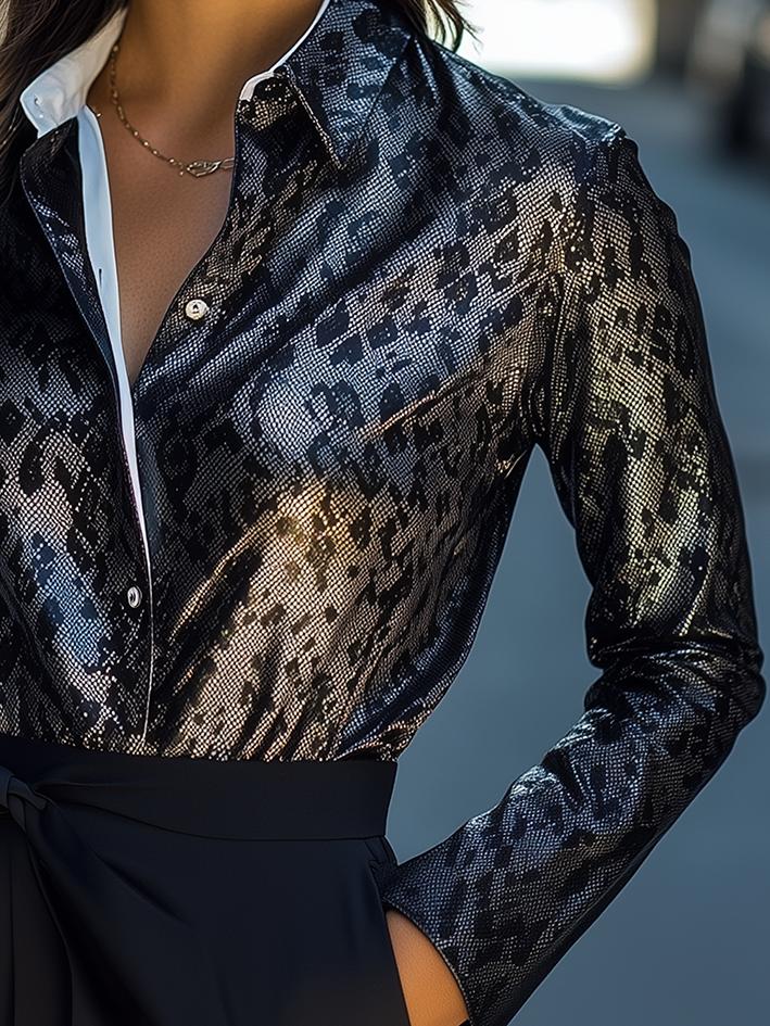 Black-Gray Snakeskin-Print Satin Blouse