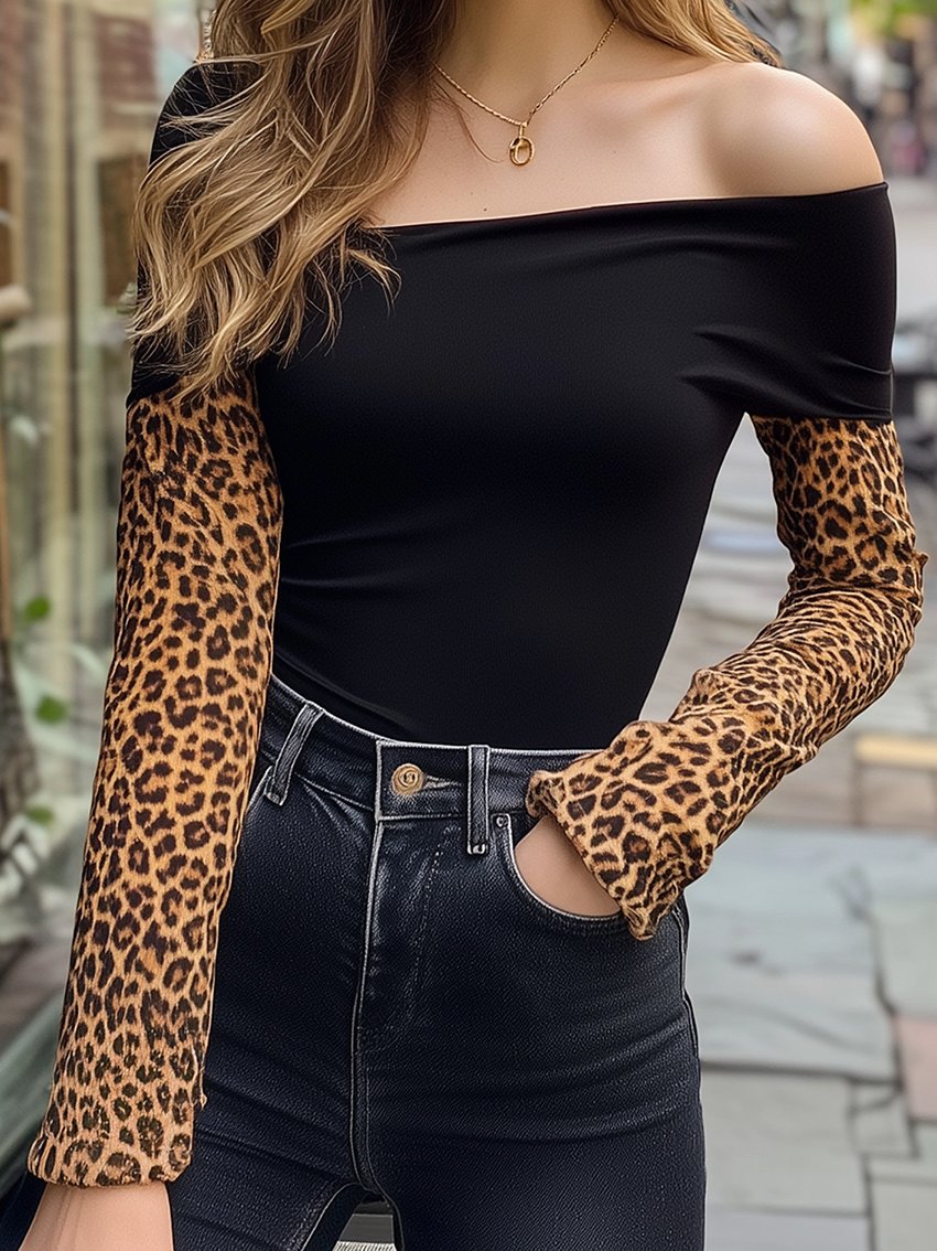 Black Off-the-shoulder Stretch T-shirt With Leopard-print Sleeves