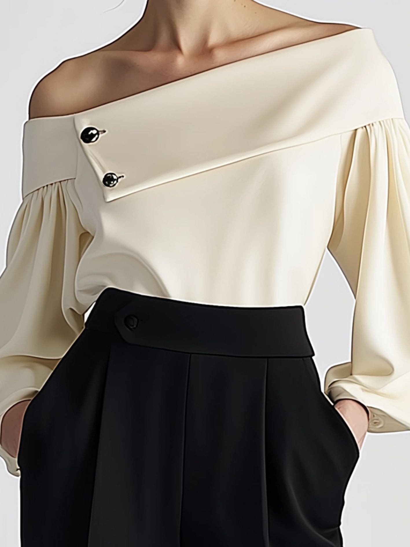 Off-the-shoulder Beige Shirt With Buttons