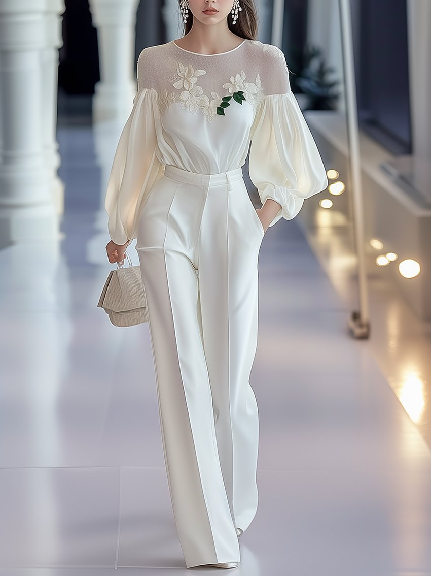 White Chiffon Suit With Elegant Flower Embroidery