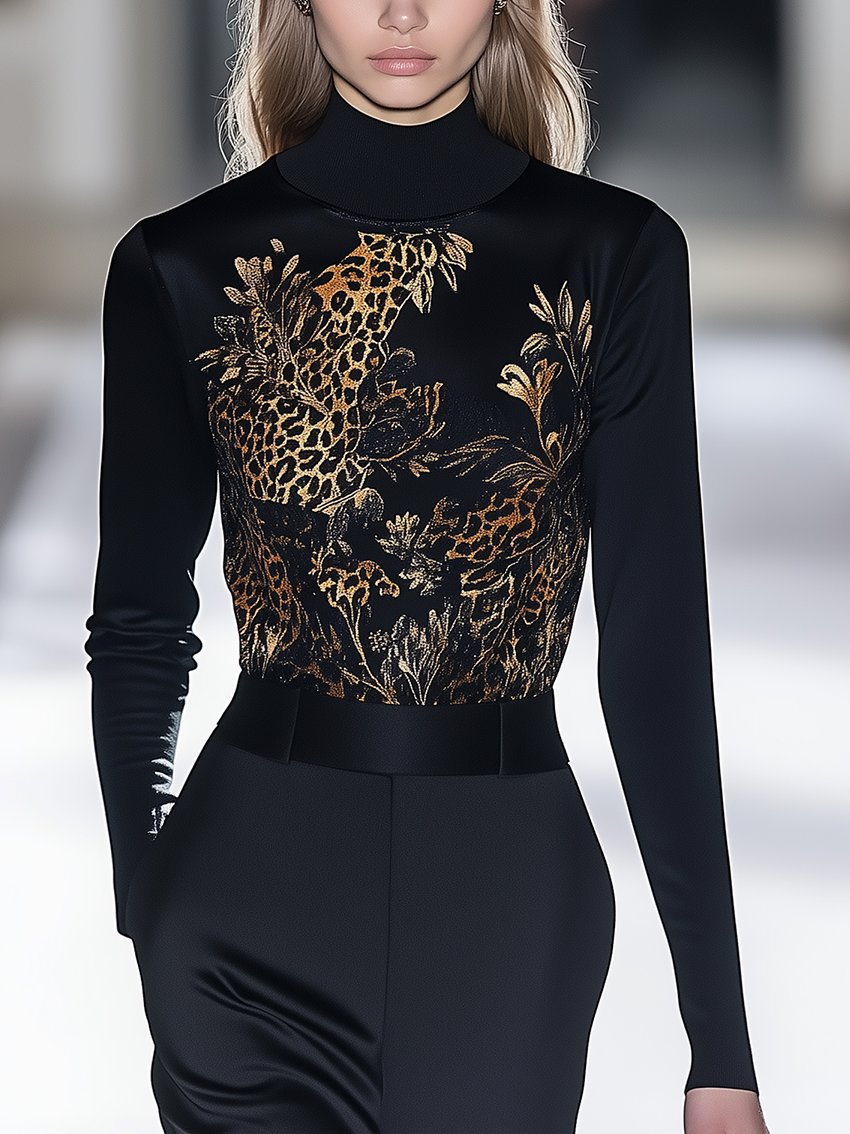 Leopard Floral Black Stretch T-shirt