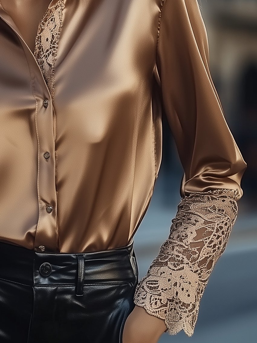 Brown Satin Blouse With Lace Sleeves