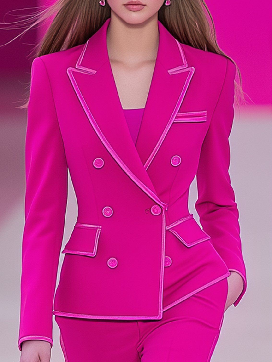 Double-breasted Barbie Pink Blazer With Light Pink Trim