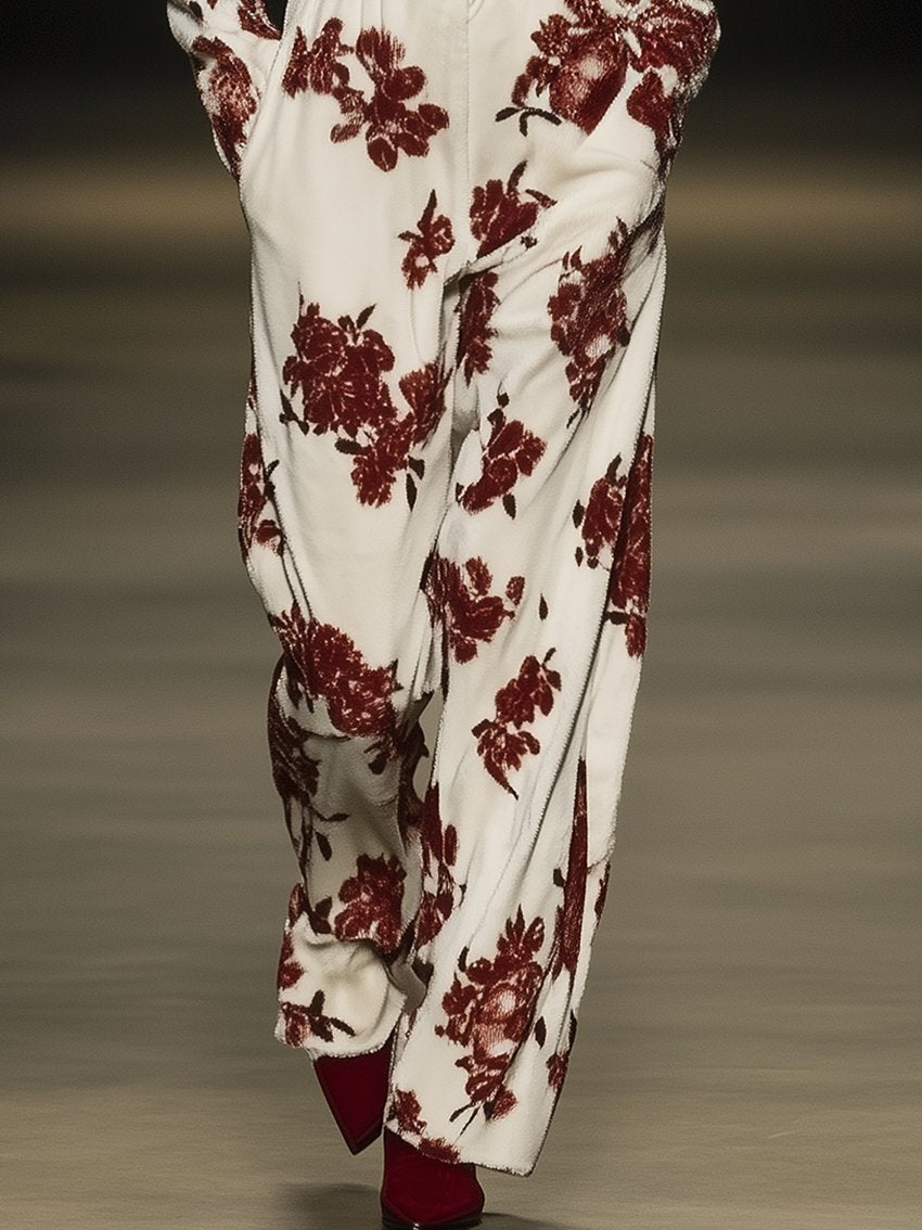 Beige Velvet Jumpsuit With Red Flower Print