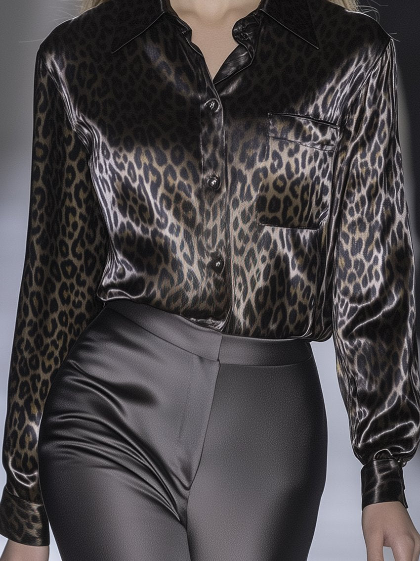 Charcoal Gray Leopard-Print Satin Blouse