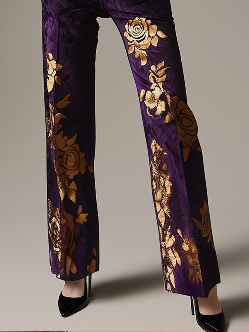 Purple Pants With Golden Rose Print