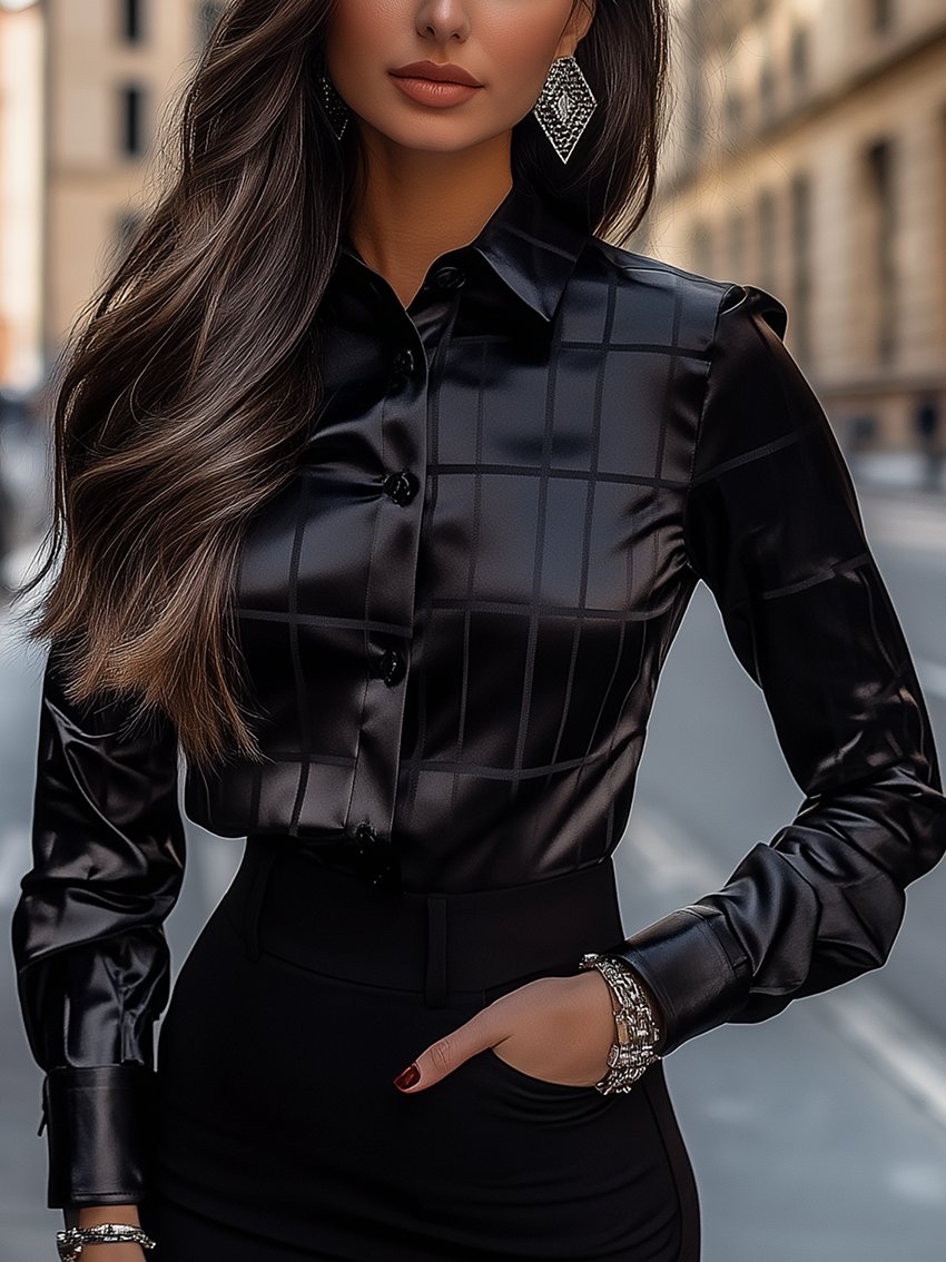 Black Dark Grid Print Satin Blouse