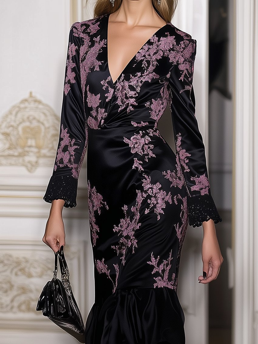 Black Satin Midi Dress With Pink Lace Flower Print