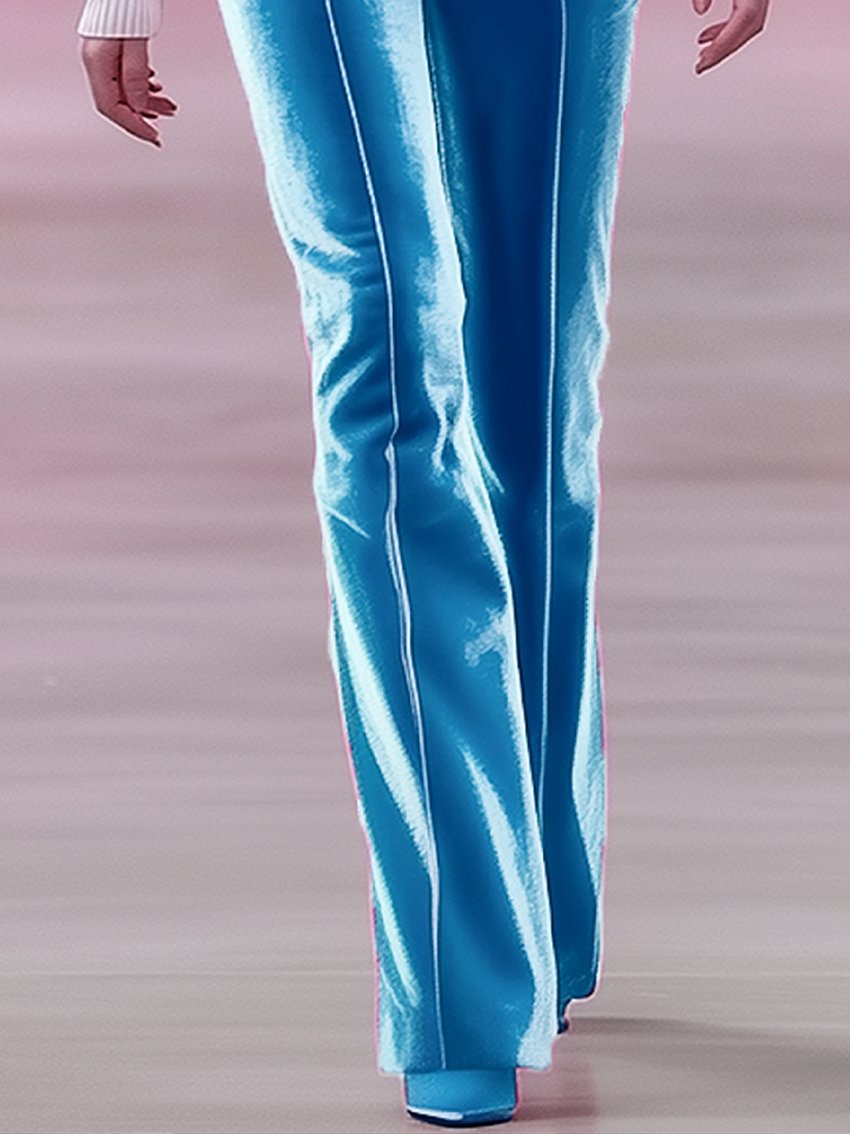 Sky Blue Velvet Pants With White Trim