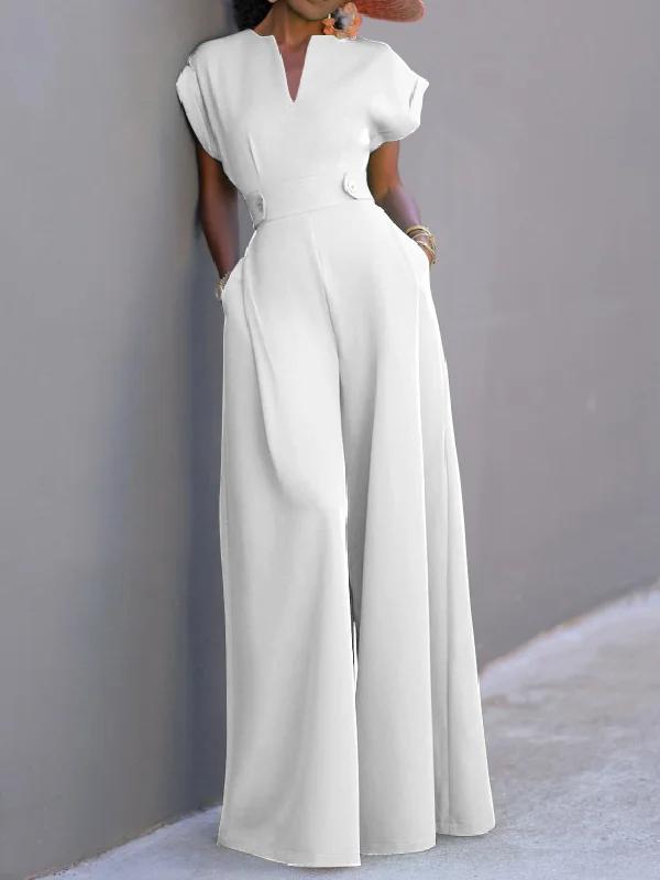 Cap Sleeve Solid Color Wide Leg Jumpsuits