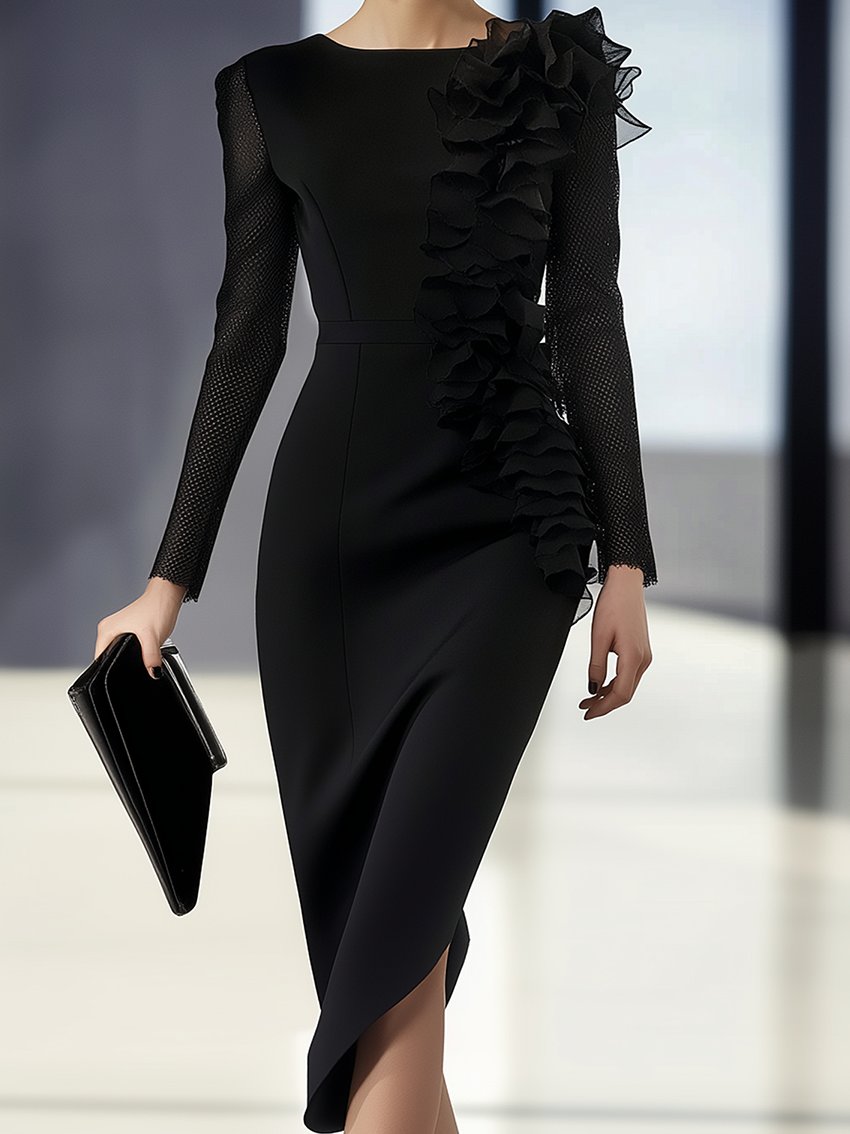 Black Midi Pencil Dress With Mesh Sleeves And Mesh Ruffles