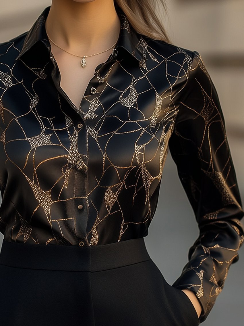 Black Abstract Geometric Print Satin Blouse