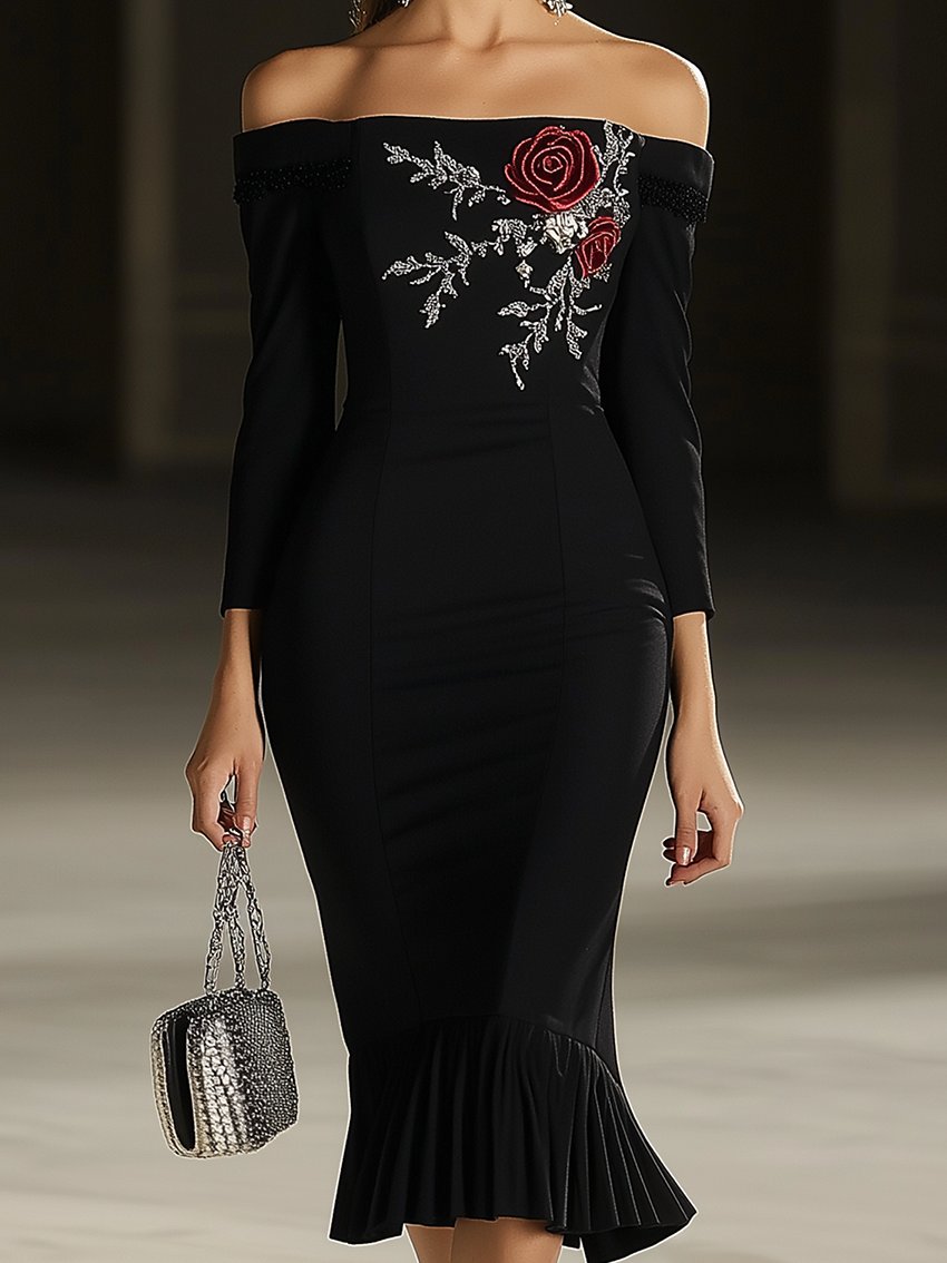 Off-The-Shoulder Black Midi Dress With Rose Embroidery