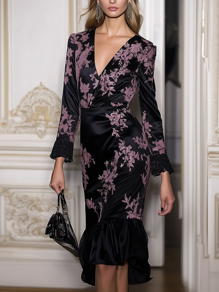 Black Satin Midi Dress With Pink Lace Flower Print