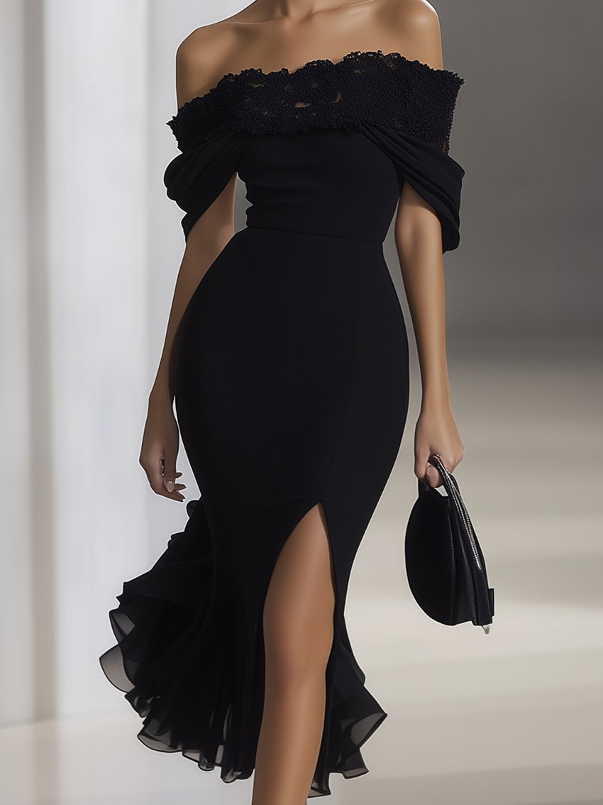 Black Chiffon Maxi Dress With Off-shoulder Neckline And Lace