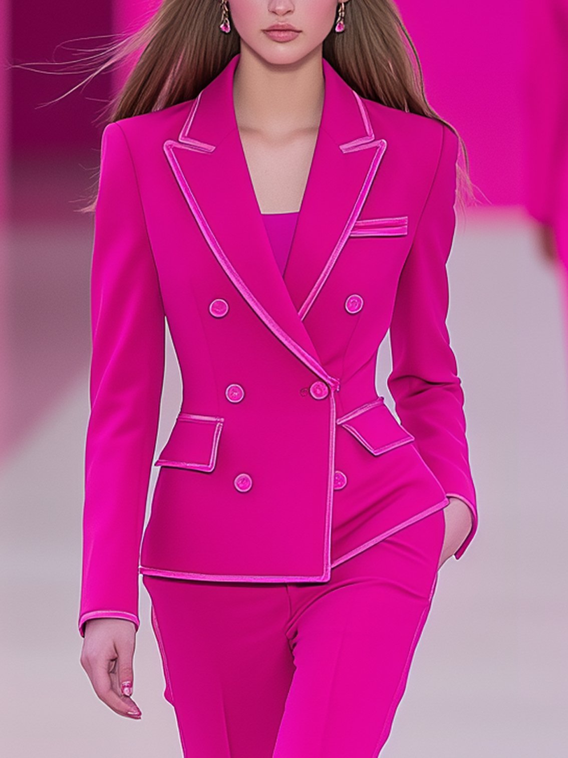 Double-breasted Barbie Pink Blazer With Light Pink Trim