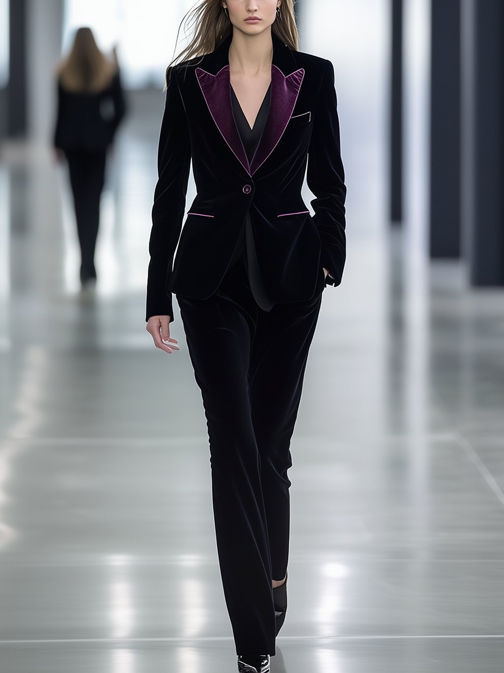 Black Velvet Suit With Purple Lapels