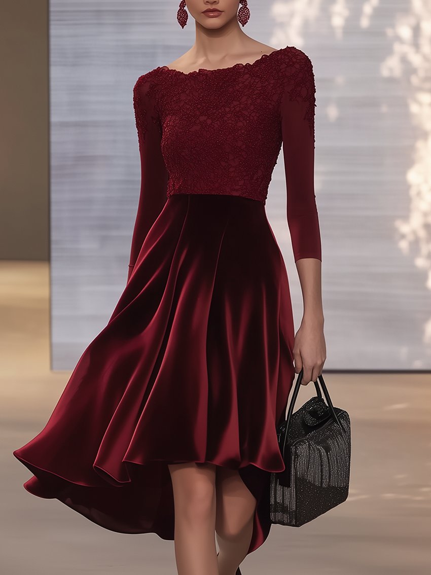 Burgundy Velvet Midi Dress With Lace Stitching