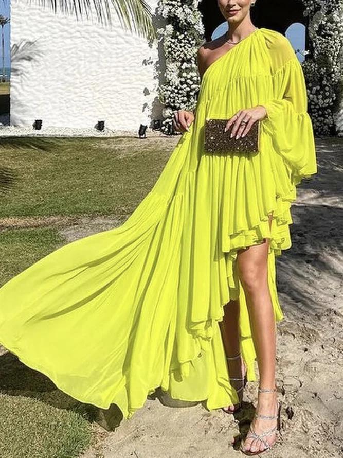 Irregularity Loose Pleated One-Shoulder Maxi Dresses