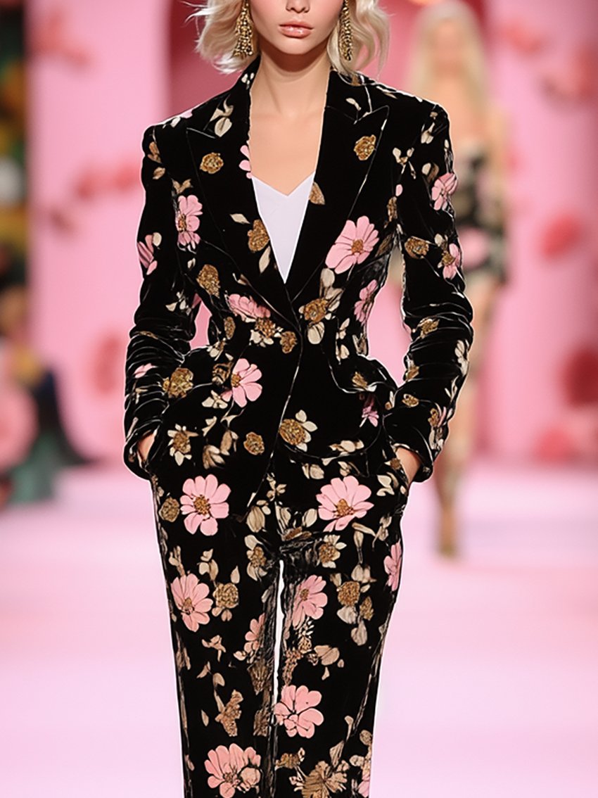 Black Velvet Jumpsuit With Pink Flower Print