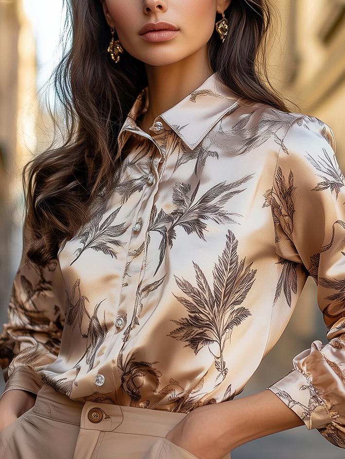 Champagne Black Floral Print Satin Blouse