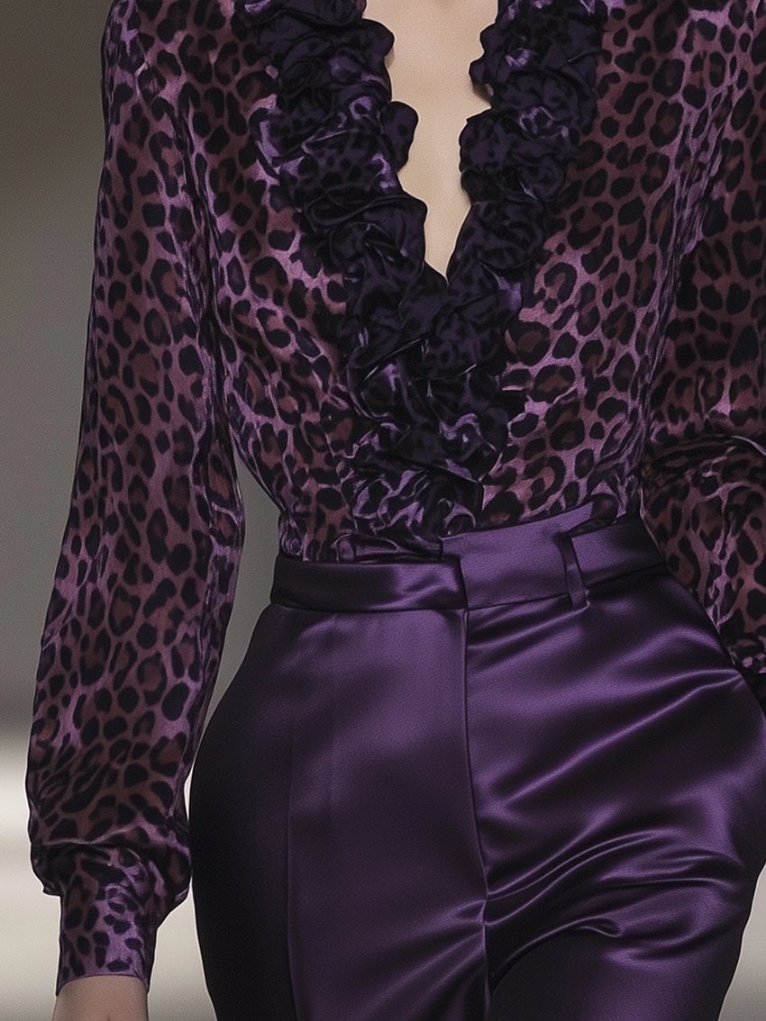 Purple Leopard Print Satin Shirt With Ruffled Neckline