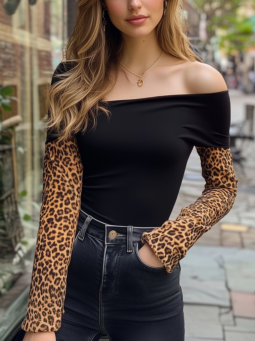 Black Off-the-shoulder Stretch T-shirt With Leopard-print Sleeves